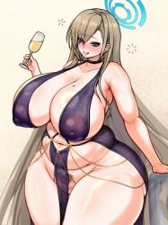 1girls alcohol alcoholic_drink areolae areolae_visible_through_clothing armpit asuna_(blue_archive) beauty_mark beauty_mark_on_breasts beverage big_breasts blue_archive blue_eyes blush breasts breasts_bigger_than_head choker chubby chubby_belly chubby_female cleaning_&amp;_clearing_(blue_archive) dress drunk earrings female female_only female_pubic_hair flushed_face glass hairy_pussy halo hoop_earrings huge_breasts large_areolae large_breasts light-skinned_female light_brown_hair light_skin long_hair millennium_science_school_student navel nipples nipples_visible_through_clothing pink_areola pink_nipples pubic_hair purple_dress revealing_clothes revealing_dress solo thick_thighs wet_tea wide_hips