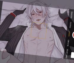 2boys antonio_salieri_(fate) antonio_salieri_(second_ascension)_(fate) bed_sheet bite_mark bite_mark_on_chest bite_mark_on_neck black_gloves black_jacket blush collared_shirt crying crying_with_eyes_open cum cum_on_body drooling facial_recognition fake_phone_screenshot fake_screenshot fate/grand_order fate_(series) furrowed_brow gloves hair_between_eyes hand_on_another&#039;s_thigh hickey jacket lapels long_sleeves looking_at_viewer lying male_focus missionary multiple_boys nipples notched_lapels on_back on_bed open_clothes open_jacket open_mouth open_shirt out-of-frame_censoring penis_out_of_frame pillow pinstripe_jacket pinstripe_pattern red_eyes saliva sheet_grab shirt short_hair solo_focus spread_legs striped_clothes striped_jacket sumi_(gfgf_045) sweat taking_picture tears vertical-striped_clothes vertical-striped_jacket viewfinder white_hair white_shirt yaoi