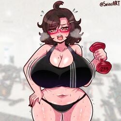 1girls ahoge artist_name big_breasts breasts brown_hair cleavage glasses huge_breasts light-skinned_female oc original original_character panties red_eyes saki_(seireiart) seireiart solo solo_female sports_bra steam sweat sweaty_body thick_thighs thighs watermark