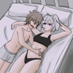 1boy1girl brown_hair cousins elpatoz hanzu_overlord_(suta-nero) haruki_overlord_(suta-nero) in_bed incest purple_eyes sleeping suta-nero white_hair