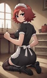 ai_generated ass bigmic145 black_eyes boots breasts eyeshadow female female_only freckles freckles_on_face kim_pine maid maid_uniform medium_breasts netflix red_hair scott_pilgrim scott_pilgrim_takes_off solo solo_female thighhighs