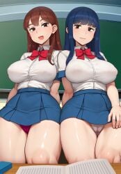 2girls absurd_res abubu big_breasts breasts brown_hair cameltoe classroom clothed_female color erect_nipples female female_only long_hair looking_at_viewer miniskirt nipples nipples_visible_through_clothing no_bra open_mouth original original_character panties pantyshot pleated_skirt purple_panties school school_uniform schoolgirl seductive_look skirt smile smiling_at_viewer standing tagme thick_thighs upskirt white_panties white_shirt wide_hips