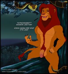 2024 anthro anthrofied ball_tuft balls body_hair crossover dialogue disney duo english_text felid feral forest genitals happy_trail haylothebun hi_res humanoid_genitalia humanoid_penis hypnovember imminent_hypnosis kaa_(jungle_book) lion male mammal muscular muscular_male nipples nude open_mouth open_smile pantherine pecs penis plant pubes reptile scalie simba_(the_lion_king) sitting smile snake text the_jungle_book the_lion_king tree tuft