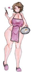 1girls apron areola_slip big_breasts bimbo breasts brown_hair egg female fried_egg frying_pan gaixas1 gigantic_breasts heart holding_pan huge_breasts ib ib's_mother large_breasts milf one_eye_closed pan ponytail purple_apron purple_footwear purple_slippers red_eyes short_hair simple_background slippers solo solo_female thick_thighs traditional_media traditional_media_(artwork) white_background