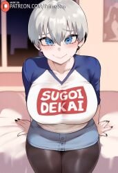 ai_generated arms_behind_back blue_eyes gray_hair large_breasts leaning_forward looking_at_viewer pantyhose primosan short_hair standing sugoi_dekai uzaki-chan_wa_asobitai! uzaki_hana