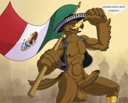 2024 accipitrid accipitriform anthro athletic avian balls beak big_balls big_penis bird brown_body clothed clothing dia_de_la_independencia_de_mexico eagle eaglerick foreskin genitals hat headgear headwear holidays male male_only mexican_flag nipples partially_clothed pecs penis rick_volnutt solo spanish_text speech_bubble text translation_request vein veiny_penis