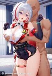 1boy 1girls ai_generated dark-skinned_male degenbrecher grabbing_breasts grabbing_from_behind honkai:_star_rail interracial large_breasts motion_lines patreon patreon_username sex subscribestar subscribestar_username topaz_(honkai:_star_rail)