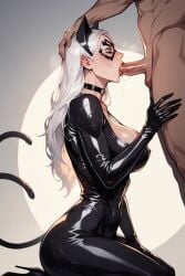 ai_generated big big_breasts big_penis black_cat_(marvel) blowjob dark-skinned_male felicia_hardy latex_suit marvel marvel_comics spider-man_(series) sucking_penis white_hair