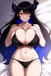 ai_generated black_bra black_panties bra hands_on_breasts hololive hololive_english horns huge_breasts light-skinned_female long_hair nerissa_ravencroft on_back on_bed panties red_eyes underwear