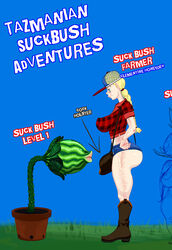 blonde_hair cowboy_boots daisy_dukes dongidew farmer farmgirl freckles futanari intersex lipstick plaid plant pot suckbush suckbush_farmer suspenders tasmanian_suckbush trucker_hat watermelon