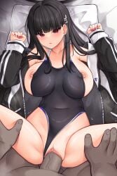 1boy a_re black_hair blue_archive blush breasts censored clothing_aside competition_swimsuit female hair_ornament hairclip halo highres huge_cock large_breasts long_hair lying mosaic_censoring one-piece_swimsuit open_mouth penis red_eyes rio_(blue_archive) sex swimsuit swimsuit_aside