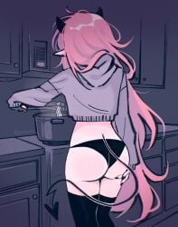 1girls 2024 ass ass_focus ass_grab big_ass big_butt black_panties black_stockings booty crop_top cropped_hoodie demon demon_girl demon_horns demon_tail elf_ears female female_focus female_only hi_res highres hips june_(megrocks) kitchen long_hair looking_at_food looking_away megrocks noodles original original_character panties pink_hair stockings succubus tagme tail tail_motion tailwag thick_ass thick_thighs thigh_highs thighhighs thighs