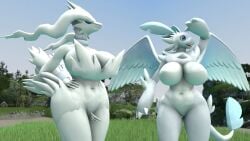 16:9 2024 3d anthro baek-myo big_breasts blue_body blue_eyes blue_fur breasts crossover digital_media_(artwork) duo featureless_breasts female fur generation_5_pokemon grass hair hand_on_hip hi_res legendary_pokemon looking_aside nintendo nude open_mouth pal_(species) palworld plant pocketpair pokemon pokemon_(species) pokemorph pose quivern reshiram source_filmmaker_(artwork) white_body white_fur white_hair white_skin widescreen