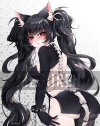 1girls animal_ears artist_name black_hair blush bone_tail breasts cat_ears catgirl female female_only huge_breasts indie_virtual_youtuber kemonomimi light-skinned_female light_skin meguren nekrolina oerba_yun_fang pout pussy red_eyes solo tail twintails virtual_youtuber