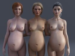 3girls belly big_belly black_hair blonde_hair breasts darthkomar female female_only hyper_belly nipples nude pregnant red_hair