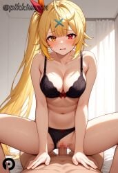 1boy ahoge ai_generated bangs bare_shoulders black_bra black_panties blonde_hair blush bow bra breasts cleavage clothed_female_nude_male clothed_sex clothing_aside collarbone cowgirl_position cowgirl_position female hair_ornament hair_ribbon heterochromia hoshikawa_sara indoors large_breasts long_hair looking_at_viewer navel nijisanji panties panties_aside parted_lips penis pikkiwynn pov pussy red_eyes ribbon sex side_ponytail solo_focus spread_legs squatting_cowgirl_position stomach straddling straight sweat thighs underwear underwear_only vaginal_penetration very_long_hair x_hair_ornament yellow_eyes