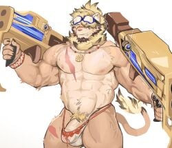 anothereidos_of_dragon_vein_r anthro blonde_hair brown_hair clothing eyewear felid foreskin fur genitals goggles gun hair hi_res jewelry kani_1976 leonhart_(anothereidos_r) lion male mammal mane necklace nipples orange_body orange_fur pantherine partially_retracted_foreskin penis penis_base penis_peek ranged_weapon scar solo tan_body tan_fur thong translucent translucent_clothing underwear weapon