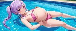 ai_generated big_breasts bikini lavender_hair pink_eyes pregnant swimming_pool