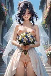 1girls afalyca ai_generated breasts clorinde_(genshin_impact) cum cum_in_pussy cum_on_legs dark_purple_hair dress female flower flower_bouquet flowers genshin_impact hoyoverse looking_at_viewer outdoors pubic_hair purple_eyes pussy smile solo wedding wedding_dress