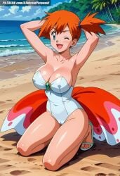 ai_generated aindroidparanoid ass beach big_breasts breasts busty cameltoe cleavage curvy fat_ass female female_only green_eyes high_heels hips huge_breasts jpeg kasumi_(pokemon) large_breasts narrow_waist orange_hair pokemon pokemon_(species) pokemon_trainer posing red_hair sand slim_waist smile stable_diffusion swimsuit voluptuous