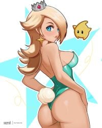 1girl 1girls ass blonde_hair blue_eyes bunny_tail bunnysuit datli64 female looking_back luma mario_(series) nintendo princess_rosalina sideboob super_mario_galaxy tagme