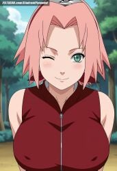 ai_generated aindroidparanoid ass big_breasts blush boruto:_naruto_next_generations breasts curvy female forest grabbing_breasts green_eyes huge_breasts large_breasts narrow_waist naruto naruto_(classic) naruto_(series) naruto_shippuden ninja nipples one_eye_closed outdoors pink_hair sakura_haruno short_hair slim_waist stable_diffusion straight_hair voluptuous wink