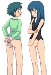 angie_(pokemon) aoi_(pokemon)_(anime) blue_hair bottomless color dawn_(pokemon) female female_only green_hair human legs long_hair pokemon thighs