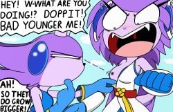 2girls breasts embarrassed english_text freedom_planet freedom_planet_2 looking_at_breasts medium_breasts nipples purple_hair purple_nipples purple_skin sash_lilac tenebrousmoon text water_dragon