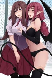 2girls black_thighhighs blush breast_press breasts brown_hair desperation have_to_pee kokomachi long_hair navel need_to_pee open_mouth pointy_ears red_hair school_uniform skirt succubus tail thighhighs tongue yuri