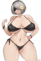 1girls android android_girl bakaatako big_breasts big_thighs bikini black_bikini blindfold breasts female female_focus female_only flower flower_in_hair gray_hair gray_hair_female grey_hair grey_hair_female hips light-skinned_female light_skin nier nier:_automata nier_(series) robot robot_girl robot_humanoid solo solo_female solo_focus thick_thighs thighs wide_hips yorha_2b