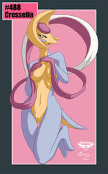 2012 breasts collaboration cresselia female looking_at_viewer mingchee navel nipples notorious84 nude open_mouth pink_eyes pinup plain_background pokemon pokemorph pussy solo the_pokedex_project