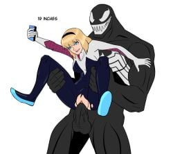 1boy 1girls biting_own_lip blonde_hair blue_eyes gwen_stacy marvel marvel_comics medium_hair monster penetration penis phone ripped_clothing selfie sex sharp_teeth spider-gwen splooshotron torn_clothes vagina vaginal_penetration vaginal_sex venom_(marvel) white_background