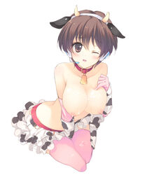 animal_ears bell bell_collar blush breasts brown_eyes brown_hair collar cow_ears cow_horns cow_print cowbell cum cum_on_body cum_on_breasts cum_on_upper_body elbow_gloves gloves headset horns idolmaster idolmaster_cinderella_girls large_breasts nipples oikawa_shizuku open_mouth pink_legwear shiraae short_hair smile thighhighs topless