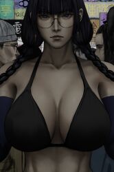 1boy 2girls background_characters big_breasts blue_hair blue_hair_female breasts clothed clothed_female female female_focus female_only glasses glasses_on_face hololive hololive_english hololive_english_-council- large_boobs large_breasts light-skinned_female light_skin male ouro_kronii solo solo_female solo_focus stebynno wip