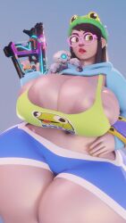 1girls beanie big_breasts big_lips big_thighs brown_hair circular_glasses clothed dinopony female glasses gun hoodie killjoy_(valorant) nipple_slip obese red_lipstick riot_games robot solo thick_thighs valorant