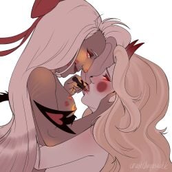 applying_lipstick carlyvs666 charlie_morningstar_(hazbin_hotel) demon demon_girl demon_tail hazbin_hotel kiss_mark kiss_mark_on_breast lipstick lipstick_mark red_eyes scars simple_background vaggie_(hazbin_hotel) wholesome yuri