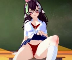 big_ass big_breasts big_thighs black_hair blue_hair brown_hair glasses green_hair munavt panties red_panties skirt thighs thong_panties uniform virtual_youtuber vtuber white_skirt white_socks