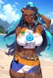 1girls abs ai_generated bare_arms bare_legs bare_shoulders bare_thighs big_breasts black_hair blue_eyes blush clothed clothing color dark-skinned_female dark_skin female female_focus female_only fit_female game_freak gym_leader hi_res large_breasts long_hair looking_at_viewer miyuai muscular_female nessa_(pokemon) nintendo pokemon pokemon_ss pokemon_trainer solo solo_female sweat tagme thick_thighs