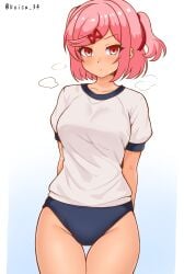 1girls ass big_ass big_thighs blush breasts butt doki_doki_literature_club female female_focus female_only gym_uniform hairbow hand_on_hip highleg_bloomers kun_kaiss light-skinned_female light_skin looking_at_viewer medium_breasts natsuki_(doki_doki_literature_club) open_mouth pink_eyes pink_hair puffy_short_sleeves puffy_sleeves shirt short_hair short_sleeves skindentation solo sweaty thick_hips thick_thighs twitter_username white_shirt