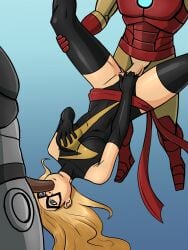 1girls 2boys armwear black_armwear black_leotard black_thighhighs blonde_hair blowjob breasts fellatio grabbing_own_breast iron_man leotard leotard_aside long_hair marvel marvel_comics medium_breasts ms._marvel_(carol_danvers) splooshotron sucking_penis thighhighs threesome vagina vaginal_penetration vaginal_penetration vaginal_sex war_machine