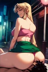 ai_generated ass ass_focus ass_smothering black_lagoon blonde_hair blue_eyes booty dominant_female eda_(black_lagoon) facesitting green_skirt pink_thong pink_topwear submissive_male