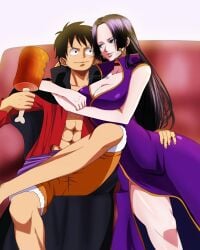 1boy 1girls age_difference black_hair blue_eyes boa_hancock curvy_female dress earrings female long_hair male monkey_d_luffy musaed_art older_female one_piece six_pack wide_hips younger_male