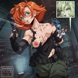 2girls :o alternate_version_available artist_name blonde_hair blush breasts green_eyes gun handgun karosu-maker konami medium_breasts medium_hair meryl_silverburgh metal_gear metal_gear_solid more_at_source multiple_boys nipples no_bra open_mouth orange_hair peril pistol puppy running sniper_wolf tank_top torn_clothes wardrobe_malfunction weapon