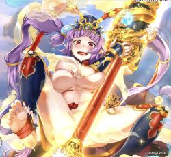 1girls breasts covered_nipples covering covering_breasts embarrassed feet feet_up female female_focus female_only genderswap_(mtf) hobby_japan holding_object holding_staff holding_weapon large_breasts no_bra no_clothes no_panties purple_eyes purple_hair queen's_blade seiten_(queen's_blade) solo solo_female solo_focus spread_legs spreading squished_breasts staff sun_wukong thick_thighs thighhighs thighs