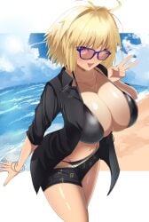 alternate_breast_size arcueid_brunestud beach big_breasts bikini blonde_hair blush breasts breasts_bigger_than_head cleavage collarbone cosplay dark_skin fate/grand_order fate_(series) glasses hair_intakes lancelot_(fate) large_breasts looking_at_viewer navel open_mouth peace_sign shokobr simple_background solo sweaty swimsuit thighs tsukihime turtleneck underwear wink