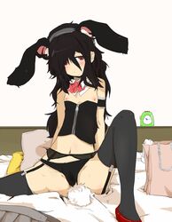 1girls bed black_hair blush bowtie breasts bunny_costume bunny_ear bunny_tail bunnysuit clock detached_collar female high_heels kanenaga kurokami-senpai_(kanenaga) legwear long_hair messy_hair nipples original red_eyes ribbon skirt small_breasts solo stockings thighhighs wrist_cuffs