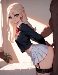 1girls ai_generated anal anal_sex artstyle_imitation ass bedroom black_man blonde_female blonde_hair dark-skinned_male earrings flat_chest green_eyes light-skinned_female naughty naughty_face pale-skinned_female school_uniform schoolgirl seductive seductive_look slut small_breasts straight_hair thiccwithaq_(ai_style) thick_ass thick_legs thick_lips thick_thighs thighs victoria_(xandr) whore xandr