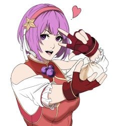 1girls artist_request athena_asamiya clothed dress female food hair_ornament heart king_of_fighters light-skinned_female light_skin medium_breasts necklace peace_sign pink_hair purple_eyes purple_hair short_hair star two_tone_hair