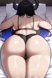 ai_generated ass ass_focus black_bra black_hair black_panties bra hololive hololive_english horns huge_ass huge_breasts hugging_pillow light-skinned_female long_hair nerissa_ravencroft on_stomach panties