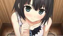 arishima_alice black_hair blush censored game_cg green_eyes handjob monobeno penis short_hair